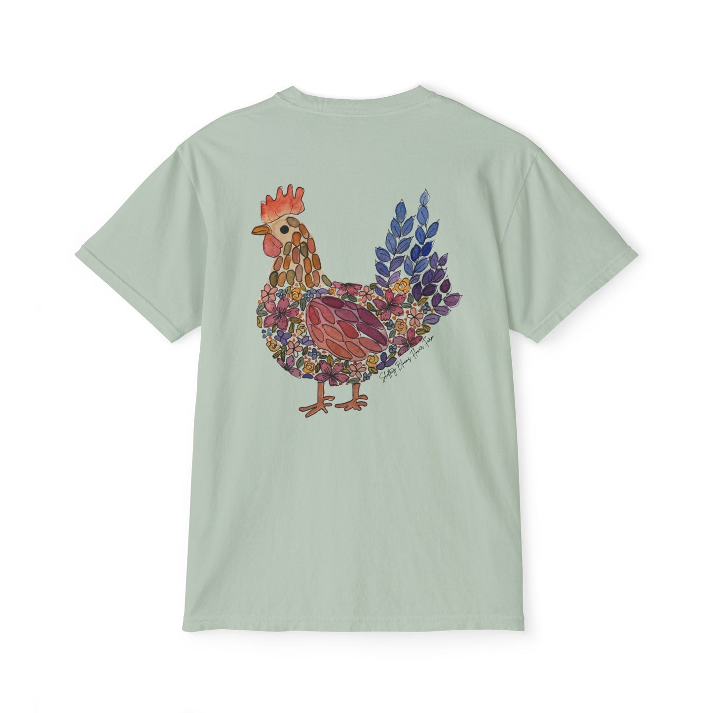 Shifting Blooms Flower Farm T‑Shirt — Whimsical Farmyard Hen Pocket Graphic
