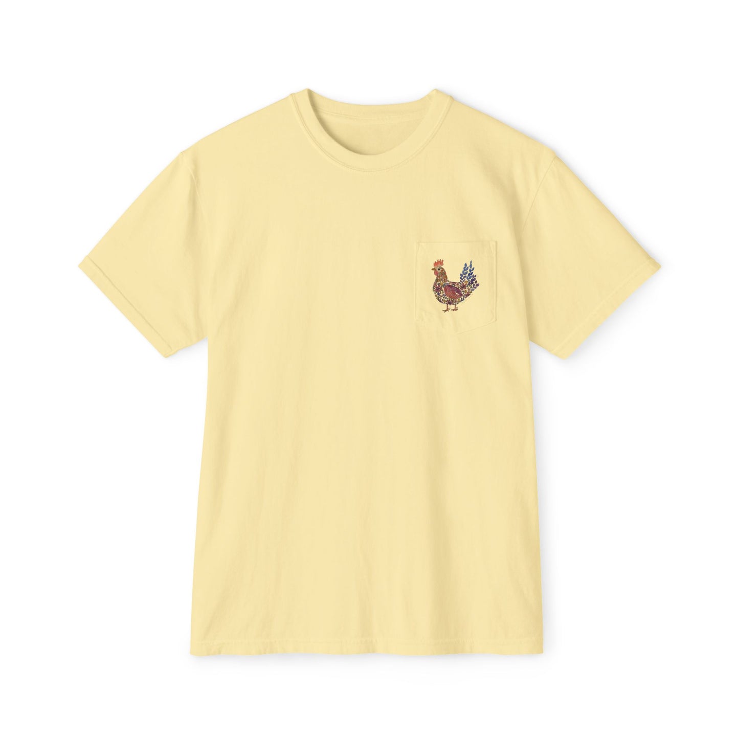 Shifting Blooms Flower Farm T‑Shirt — Whimsical Farmyard Hen Pocket Graphic