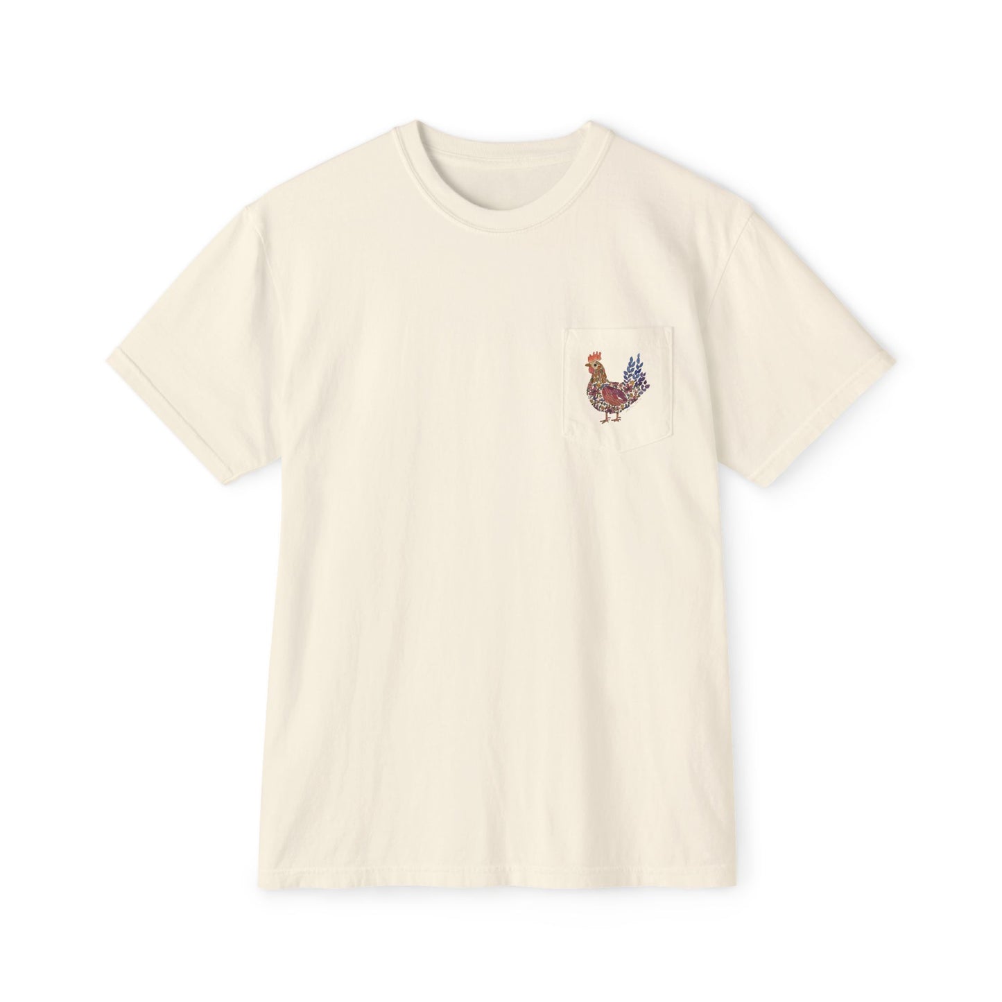 Shifting Blooms Flower Farm T‑Shirt — Whimsical Farmyard Hen Pocket Graphic