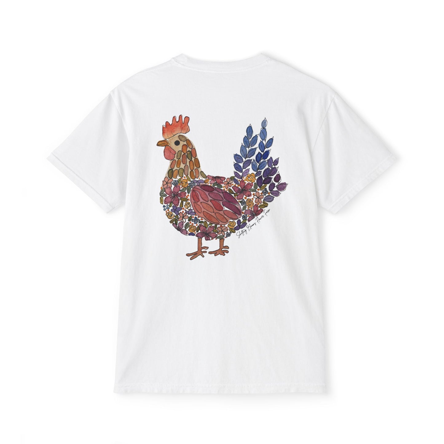 Shifting Blooms Flower Farm T‑Shirt — Whimsical Farmyard Hen Pocket Graphic