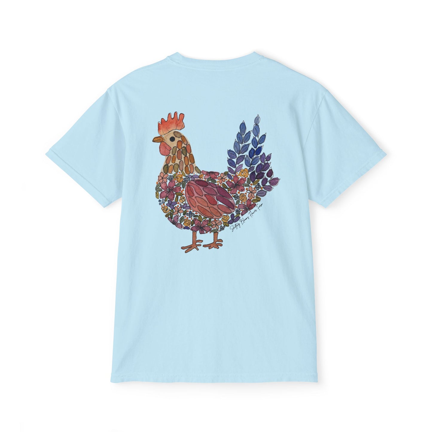 Shifting Blooms Flower Farm T‑Shirt — Whimsical Farmyard Hen Pocket Graphic