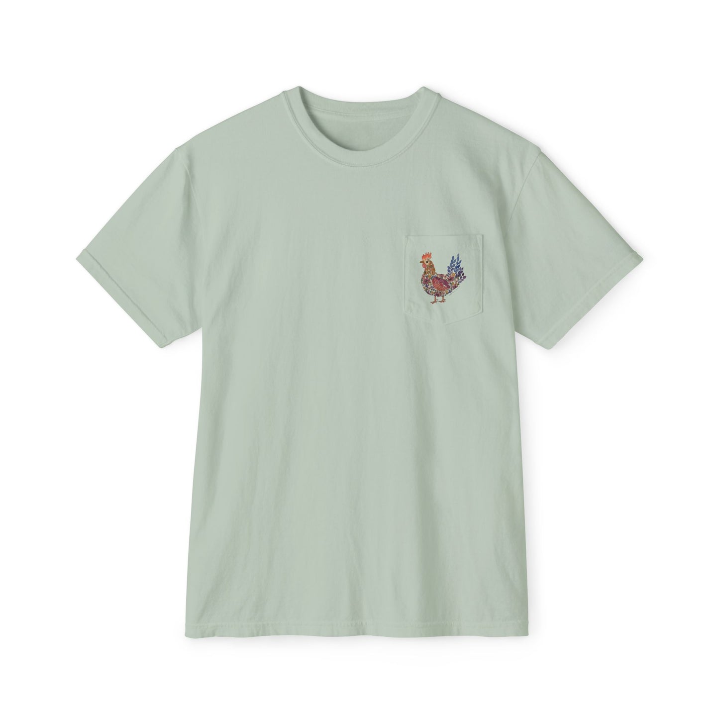 Shifting Blooms Flower Farm T‑Shirt — Whimsical Farmyard Hen Pocket Graphic