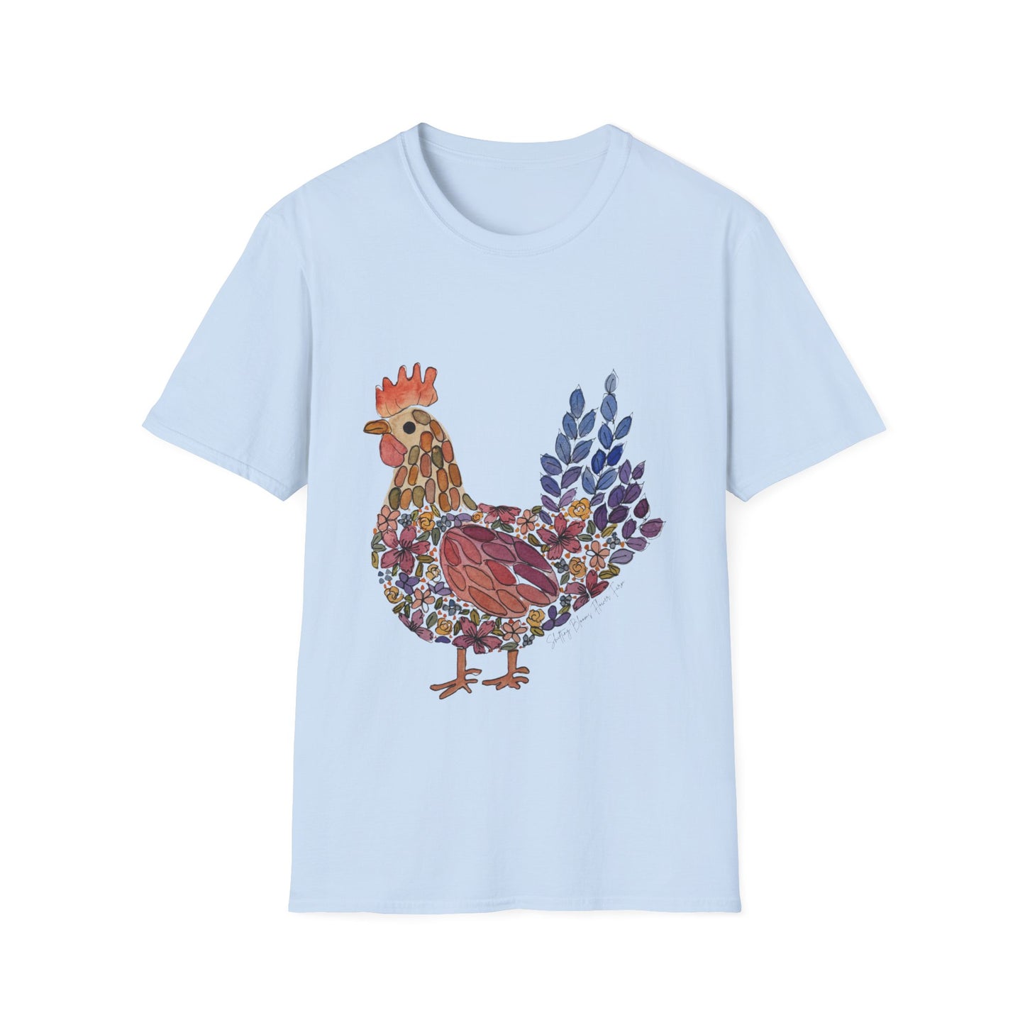 Shifting Blooms Flower Farm T-Shirt — Whimsical Farmyard Hen Graphic