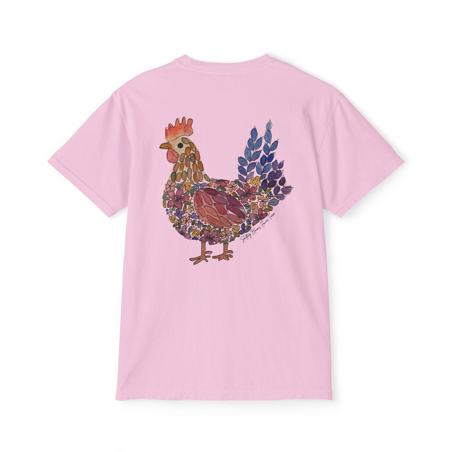 Shifting Blooms Flower Farm T‑Shirt — Whimsical Farmyard Hen Pocket Graphic