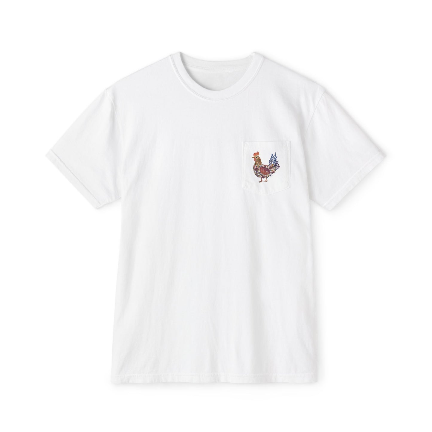 Shifting Blooms Flower Farm T‑Shirt — Whimsical Farmyard Hen Pocket Graphic