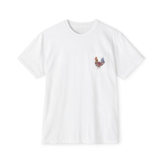 Shifting Blooms Flower Farm T‑Shirt — Whimsical Farmyard Hen Pocket Graphic