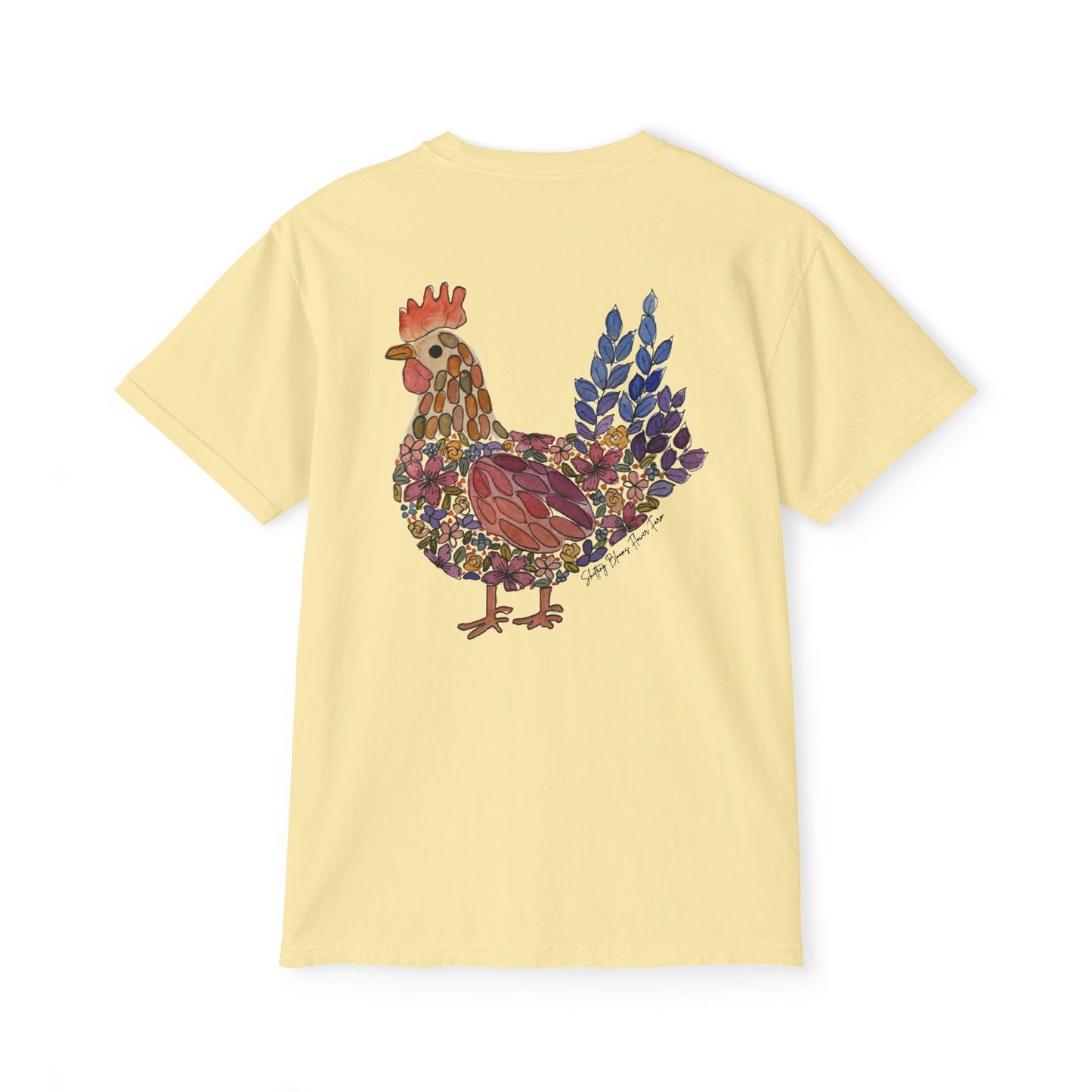 Shifting Blooms Flower Farm T‑Shirt — Whimsical Farmyard Hen Pocket Graphic