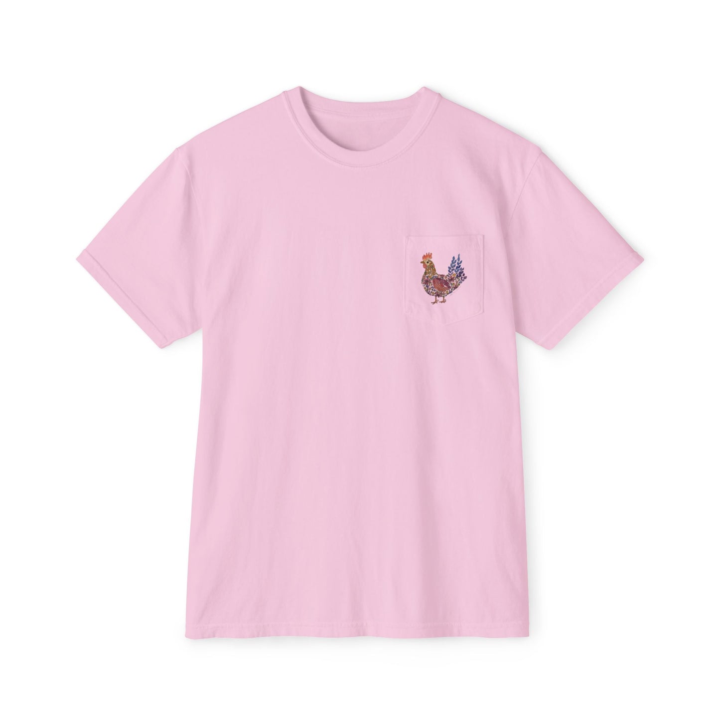 Shifting Blooms Flower Farm T‑Shirt — Whimsical Farmyard Hen Pocket Graphic