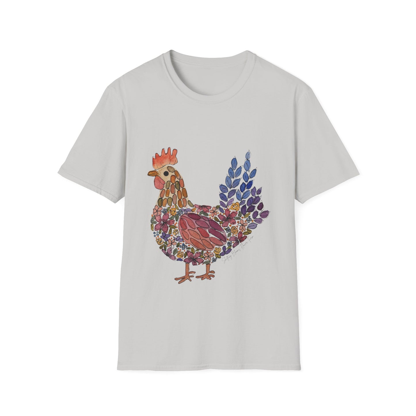 Shifting Blooms Flower Farm T-Shirt — Whimsical Farmyard Hen Graphic