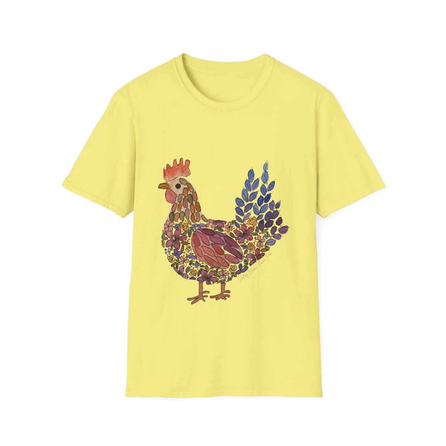 Shifting Blooms Flower Farm T-Shirt — Whimsical Farmyard Hen Graphic