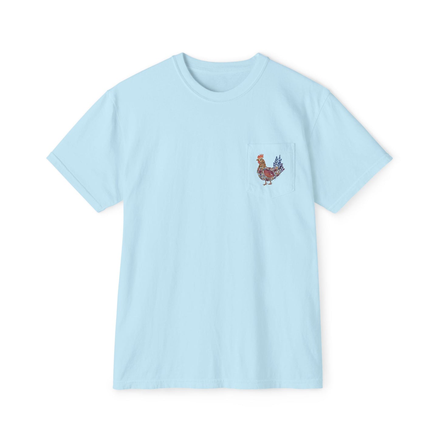 Shifting Blooms Flower Farm T‑Shirt — Whimsical Farmyard Hen Pocket Graphic