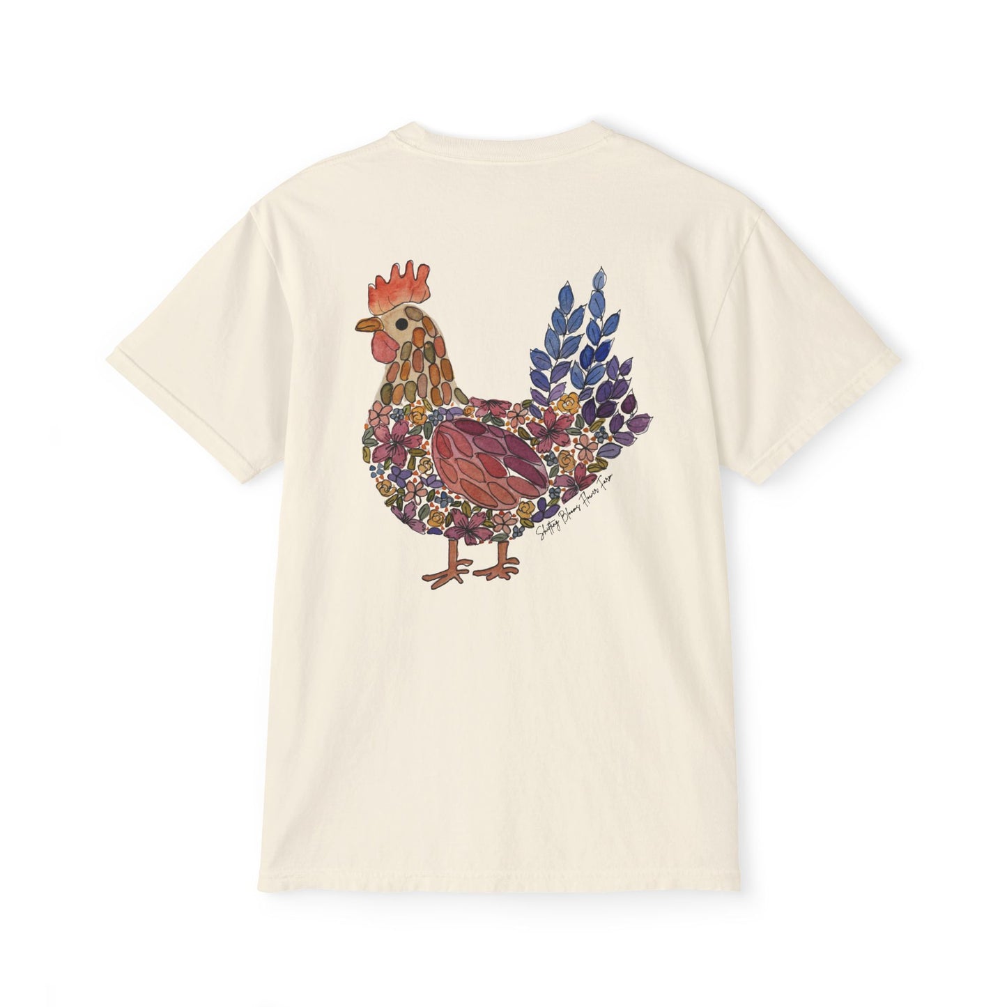 Shifting Blooms Flower Farm T‑Shirt — Whimsical Farmyard Hen Pocket Graphic