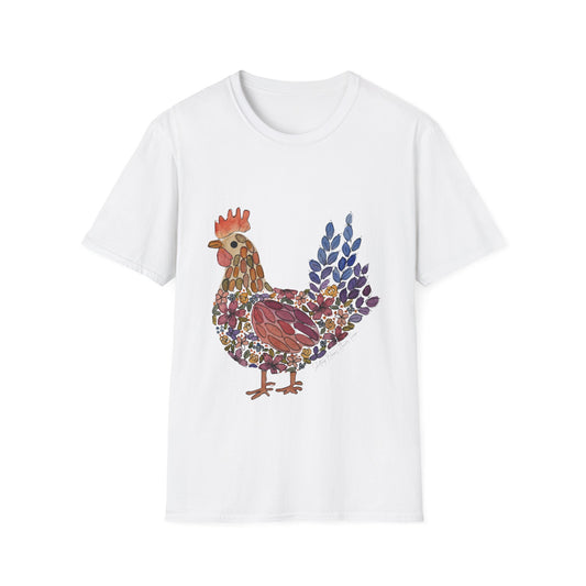 Shifting Blooms Flower Farm T-Shirt — Whimsical Farmyard Hen Graphic